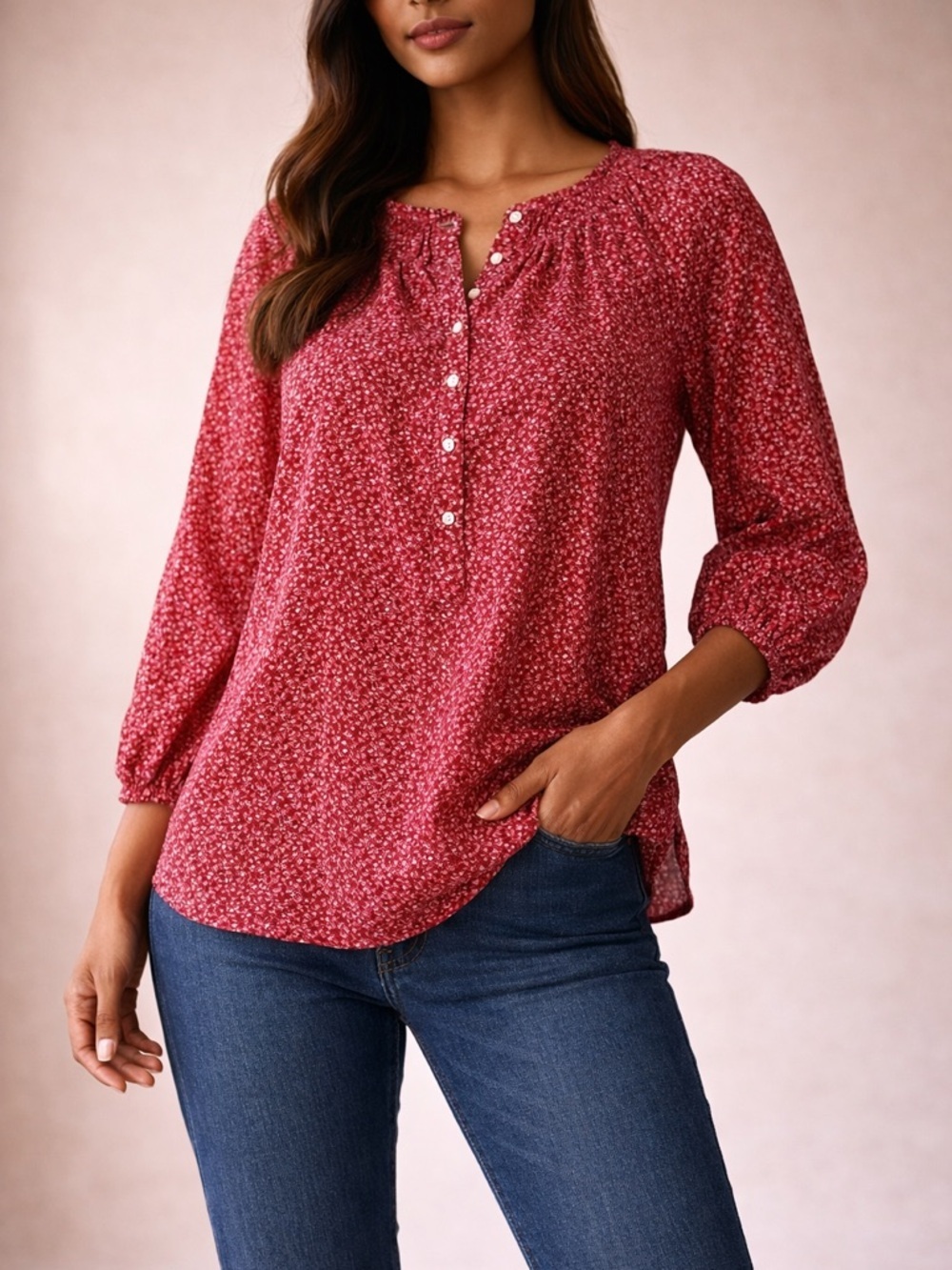 CHAPS Red Floral Blouse Cottagecore Boho Top Size Large